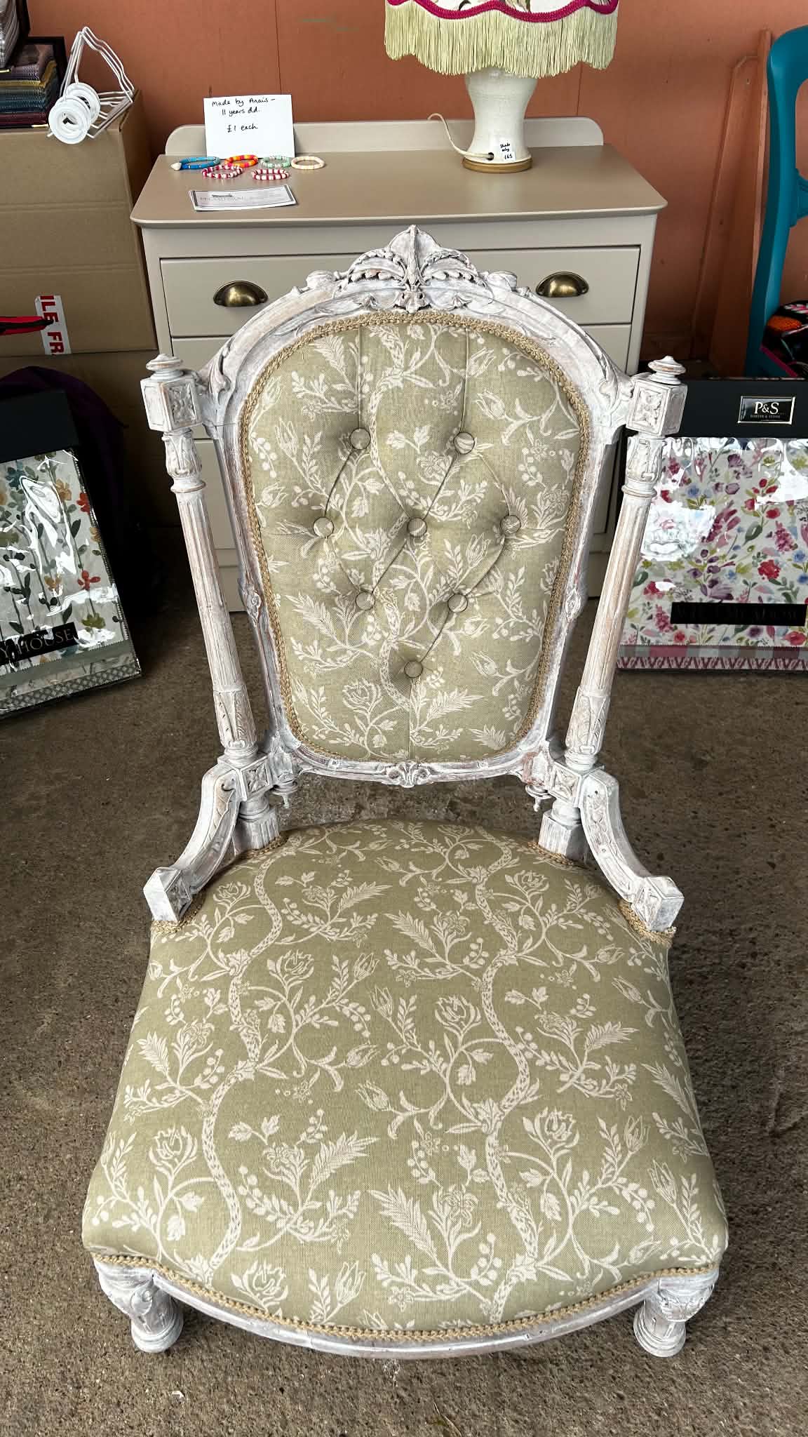 Antique Button-Back Chair – Green Upholstery