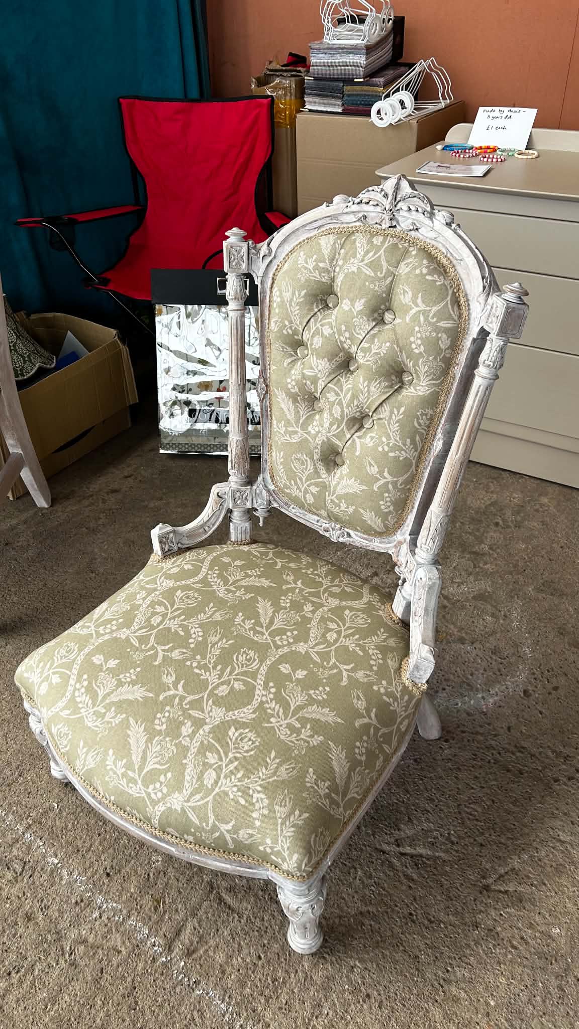 Antique Button-Back Chair – Green Upholstery